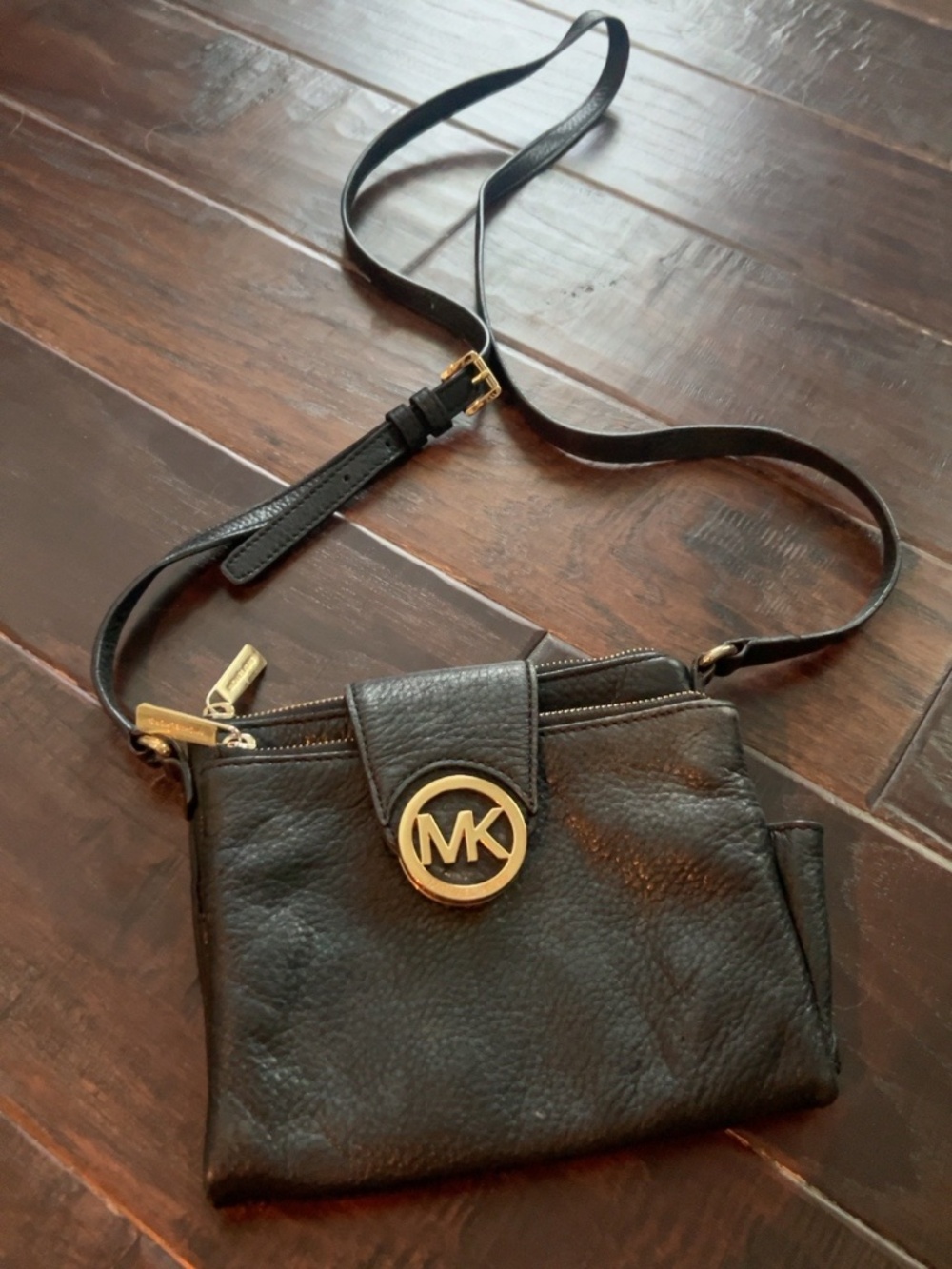 Michael Kors Black Pebbled Crossbody Bag Gold MK Logo